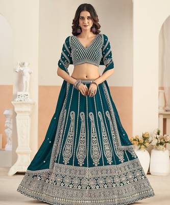 Teal Green Faux Georgette Embroidered Sequins Work Lehenga Choli Size Up To 48 1