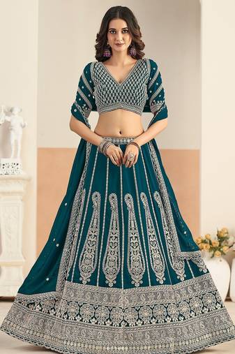 Teal Green Faux Georgette Embroidered Sequins Work Lehenga Choli Size Up To 48