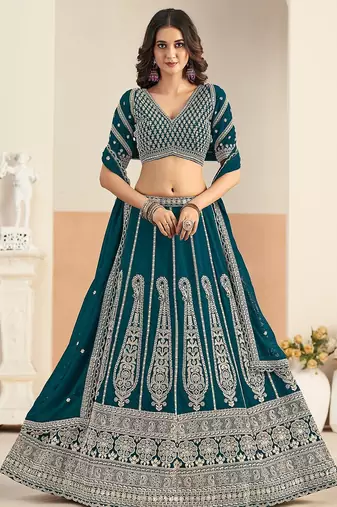 Teal Green Faux Georgette Embroidered Sequins Work Lehenga Choli Size Up To 48