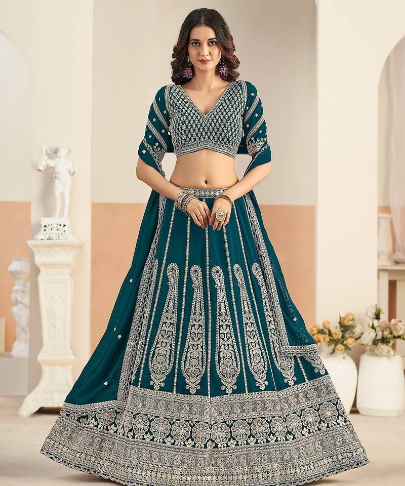 Teal Green Faux Georgette Embroidered Sequins Work Lehenga Choli Size Up To 48