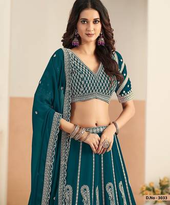 Teal Green Faux Georgette Embroidered Sequins Work Lehenga Choli Size Up To 48 2