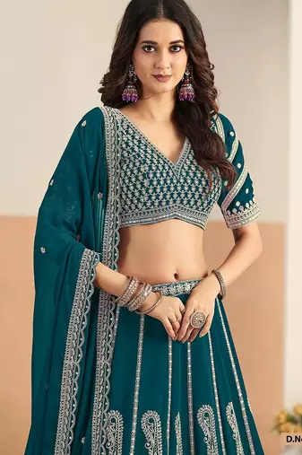 Teal Green Faux Georgette Embroidered Sequins Work Lehenga Choli Size Up To 48
