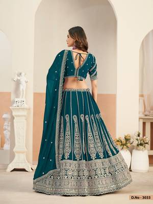 Teal Green Faux Georgette Embroidered Sequins Work Lehenga Choli Size Up To 48 3