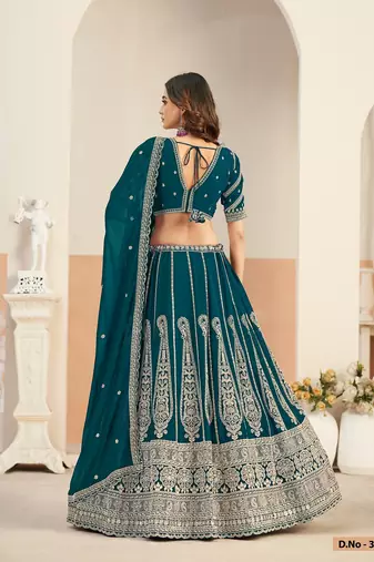 Teal Green Faux Georgette Embroidered Sequins Work Lehenga Choli Size Up To 48