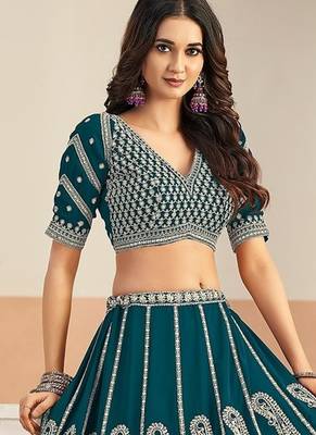 Teal Green Faux Georgette Embroidered Sequins Work Lehenga Choli Size Up To 48 4