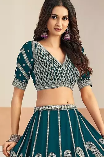 Teal Green Faux Georgette Embroidered Sequins Work Lehenga Choli Size Up To 48