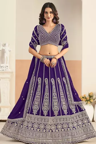 Violet Faux Georgette Embroidered Sequins Work Lehenga Choli Size Up To 48