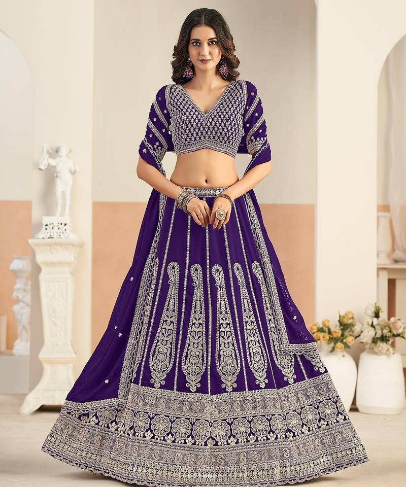Violet Faux Georgette Embroidered Sequins Work Lehenga Choli Size Up To 48