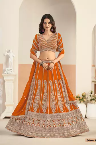 Orange Faux Georgette Embroidered Sequins Work Lehenga Choli Size Up To 48