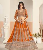 Orange Faux Georgette Embroidered Sequins Work Lehenga Choli Size Up To 48