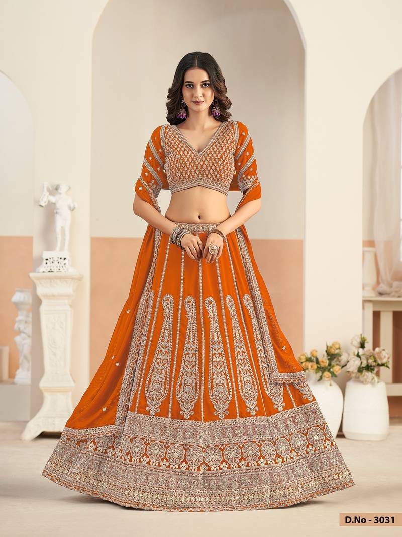 Orange Faux Georgette Embroidered Sequins Work Lehenga Choli Size Up To 48