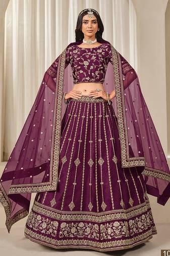 Purple Art Silk Embroidered Thread Work Lehenga Choli Size Up To 46