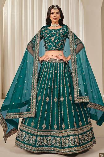 Blue Art Silk Embroidered Thread Work Lehenga Choli Size Up To 46
