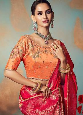 Red chiniya silk heavy designer embroidered saree 2