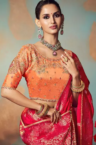 Red chiniya silk heavy designer embroidered saree