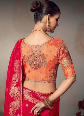 Red chiniya silk heavy designer embroidered saree 3