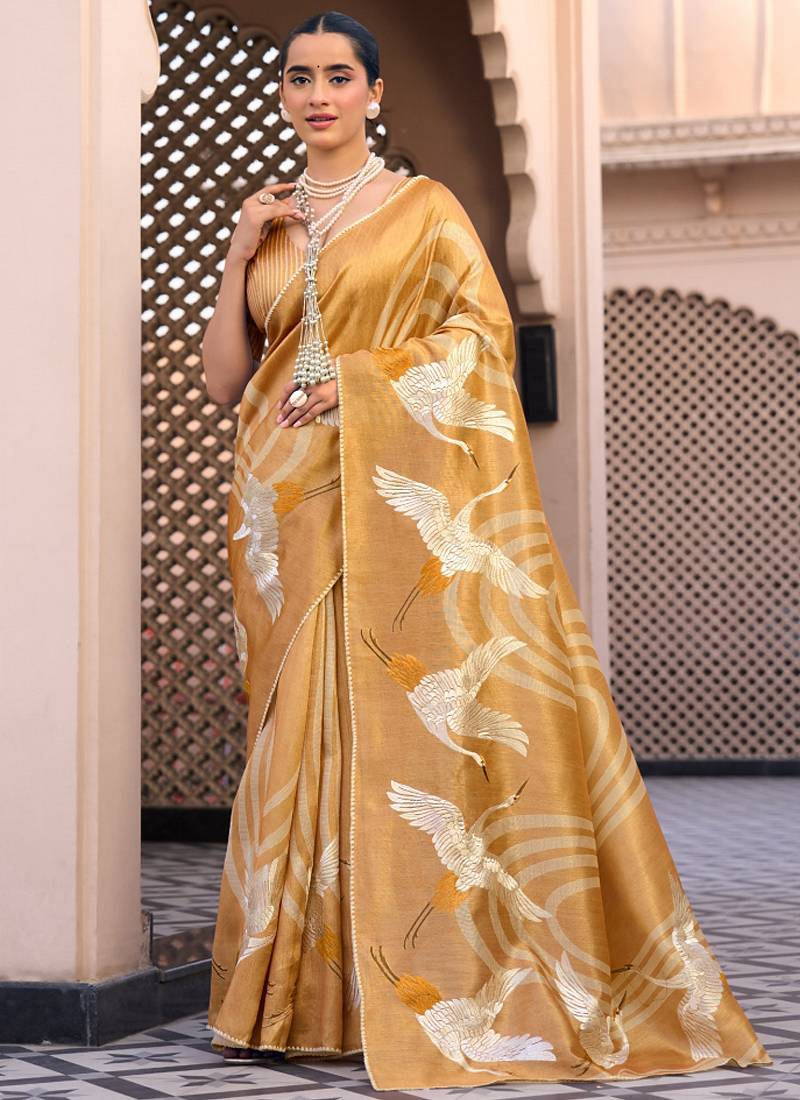 Orange tussar silk  beautiful pallu designer saree