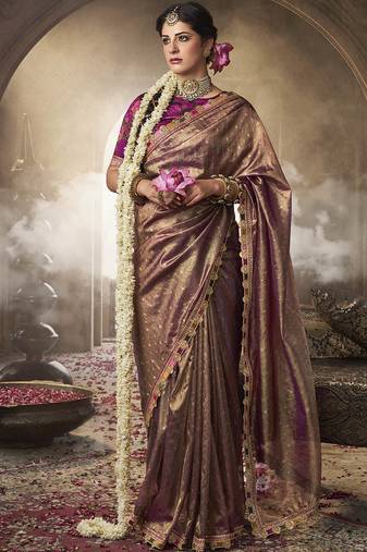 Brown multi embroidered tissue silk saree