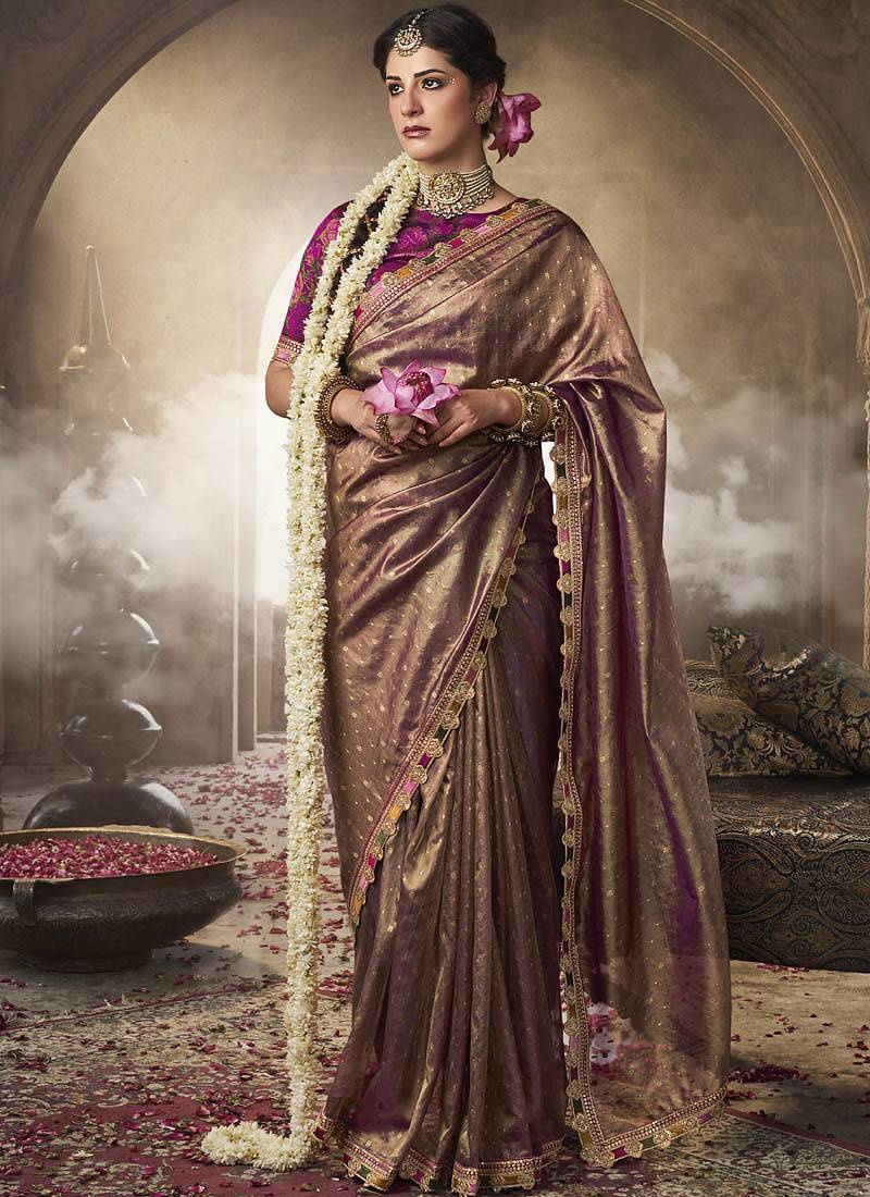 Brown multi embroidered tissue silk saree