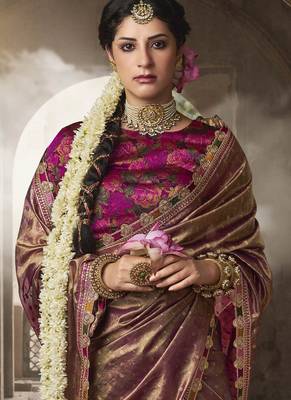 Brown multi embroidered tissue silk saree 2