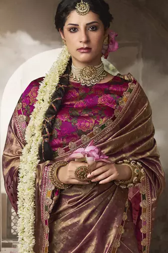 Brown multi embroidered tissue silk saree