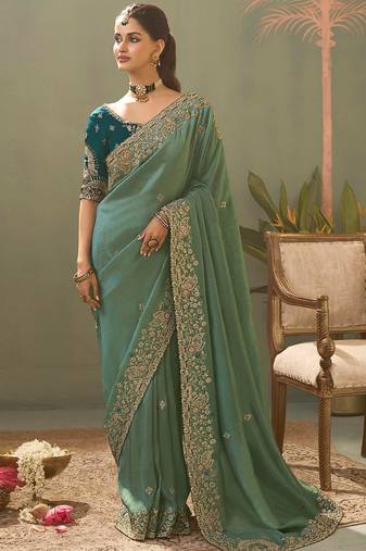green silk embroidered designer saree