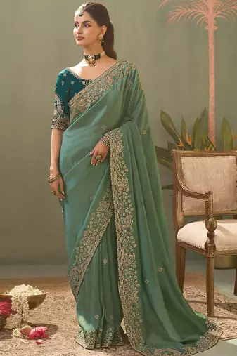 green silk embroidered designer saree