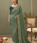 green silk embroidered designer saree