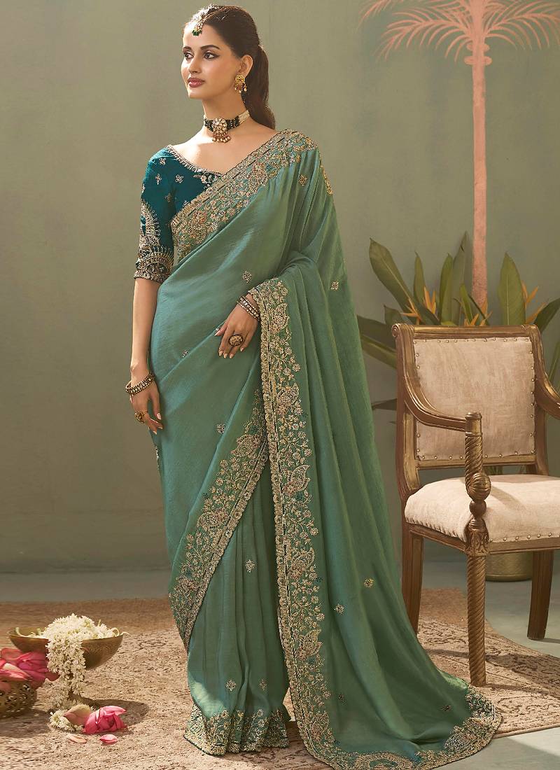 green silk embroidered designer saree