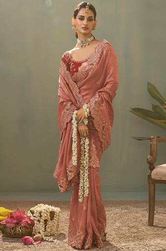 pink silk embroidered designer saree