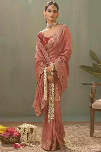 pink silk embroidered designer saree
