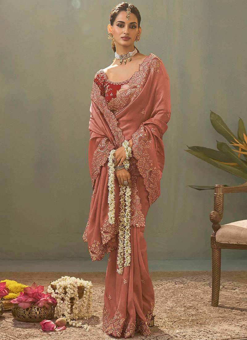 pink silk embroidered designer saree