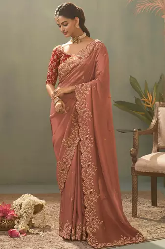 pink silk embroidered designer saree