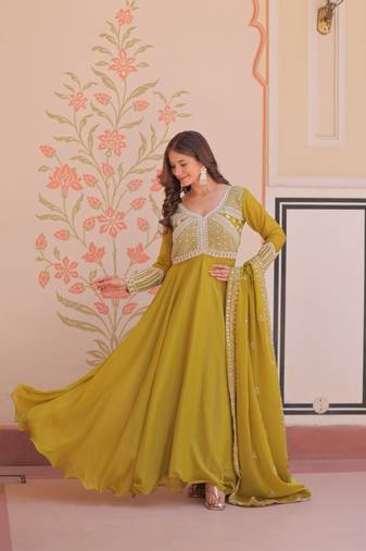 Green Star Georgette With Rich Sequins Coding  Beads Embroidered work kurti with dupatta