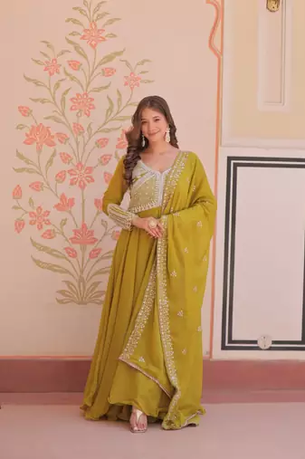 Green Star Georgette With Rich Sequins Coding Beads Embroidered work kurti with dupatta