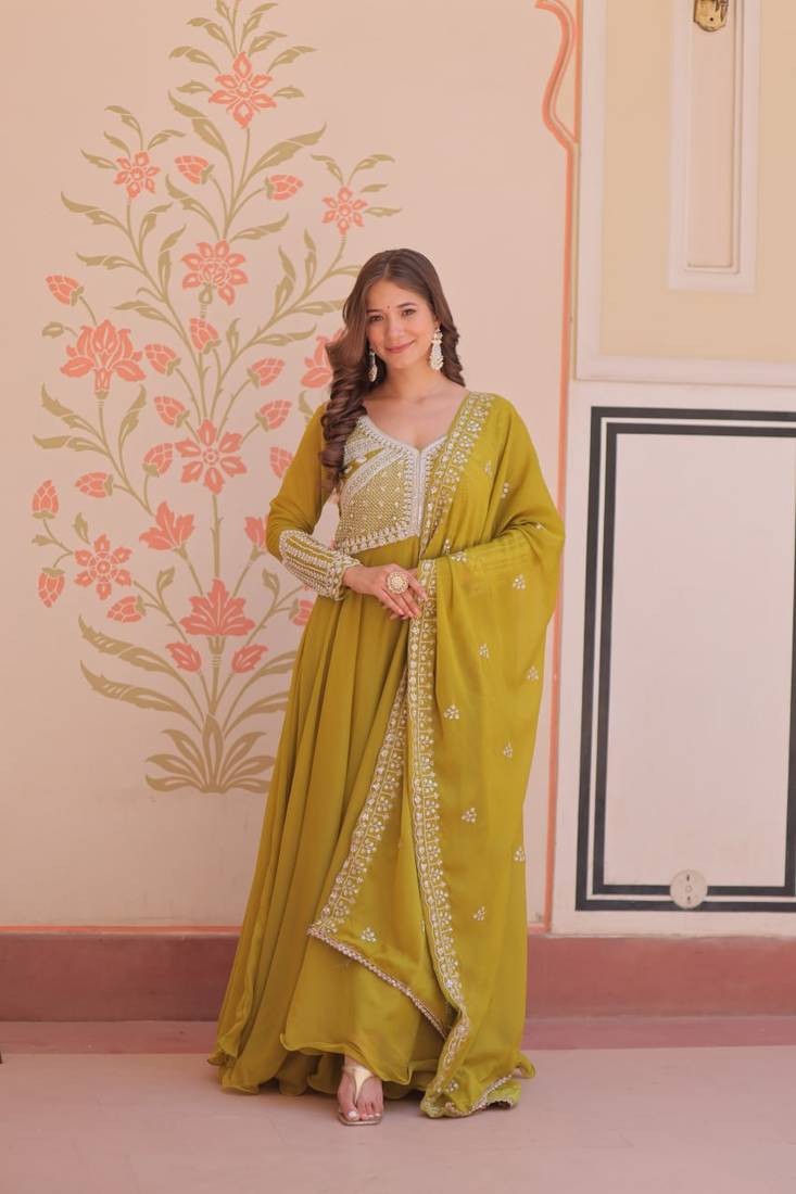 Green Star Georgette With Rich Sequins Coding  Beads Embroidered work kurti with dupatta