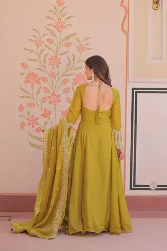 Green Star Georgette With Rich Sequins Coding Beads Embroidered work kurti with dupatta