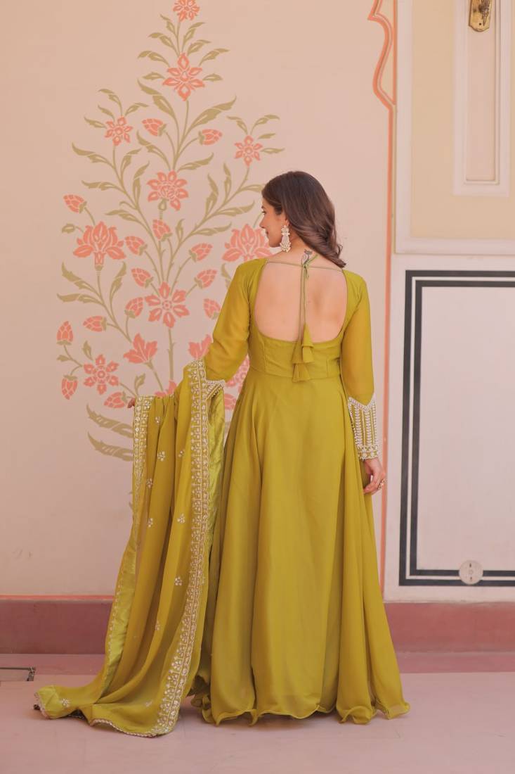 Green Star Georgette With Rich Sequins Coding  Beads Embroidered work kurti with dupatta