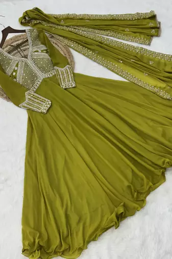 Green Star Georgette With Rich Sequins Coding Beads Embroidered work kurti with dupatta
