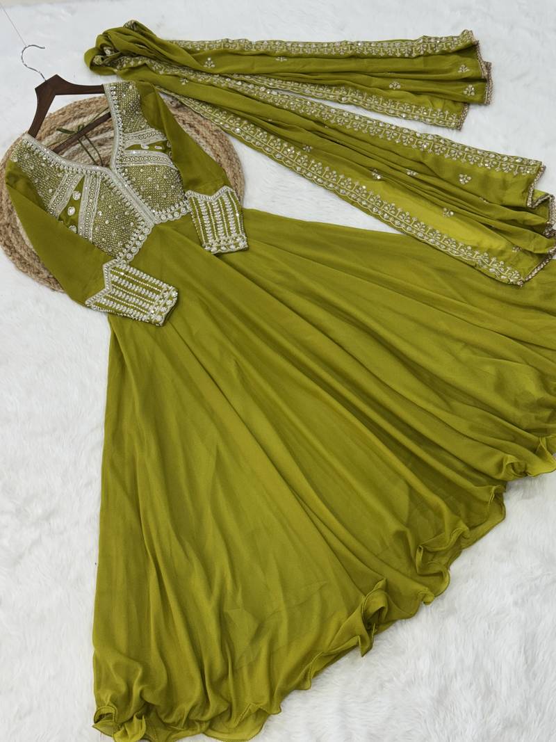 Green Star Georgette With Rich Sequins Coding  Beads Embroidered work kurti with dupatta