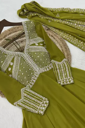Green Star Georgette With Rich Sequins Coding Beads Embroidered work kurti with dupatta