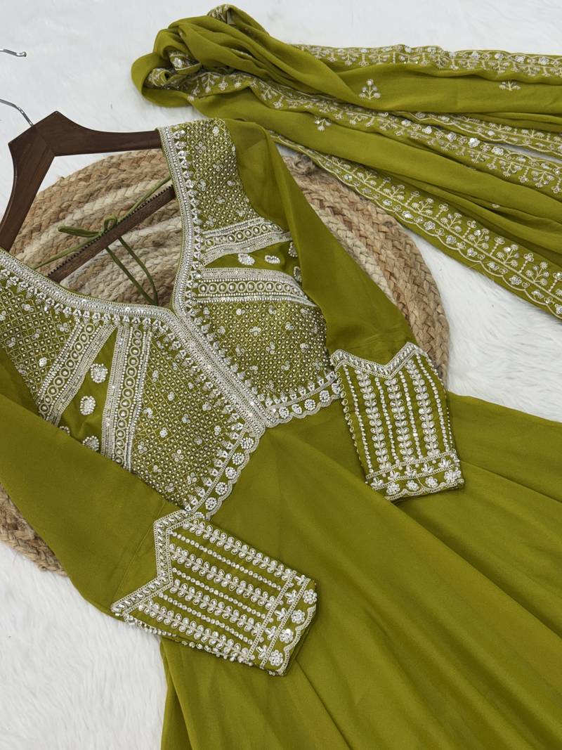Green Star Georgette With Rich Sequins Coding  Beads Embroidered work kurti with dupatta