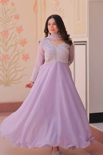 Lavender Star Georgette With Rich Sequins Coding  Beads Embroidered work kurti with dupatta