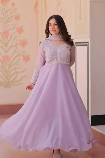 Lavender Star Georgette With Rich Sequins Coding  Beads Embroidered work kurti with dupatta