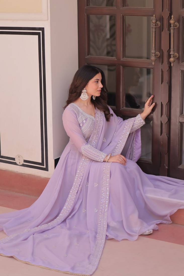 Lavender Star Georgette With Rich Sequins Coding  Beads Embroidered work kurti with dupatta