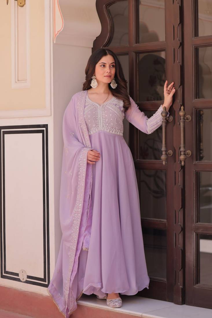Lavender Star Georgette With Rich Sequins Coding  Beads Embroidered work kurti with dupatta