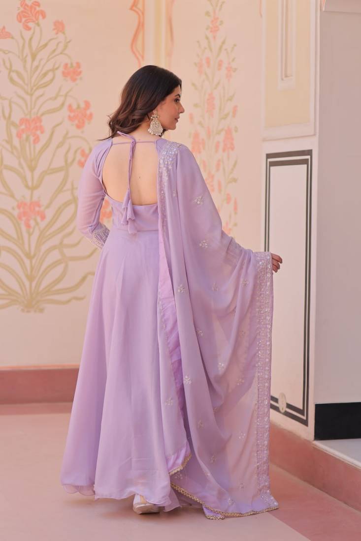 Lavender Star Georgette With Rich Sequins Coding  Beads Embroidered work kurti with dupatta