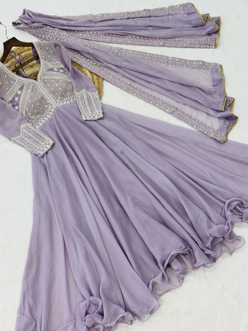 Lavender Star Georgette With Rich Sequins Coding  Beads Embroidered work kurti with dupatta