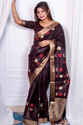 brown linen silk blend jamdani weaving border sarees