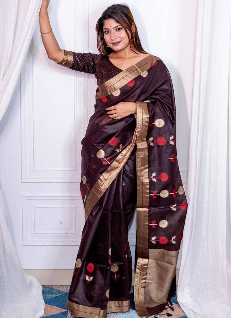brown linen silk blend jamdani weaving border sarees